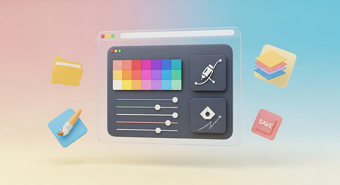 Conceptual 3D rendering of a graphic design application interface with color palette, sliders, and creative tools