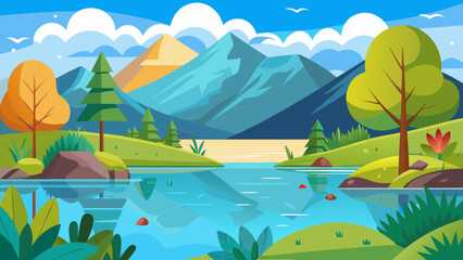 Obraz premium Vector art of a picturesque lake reflecting the mountains, trees, and sky, creating a serene and colorful nature landscape with vibrant hues