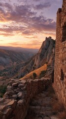 Sunset view from ancient stone ruins on a hillside