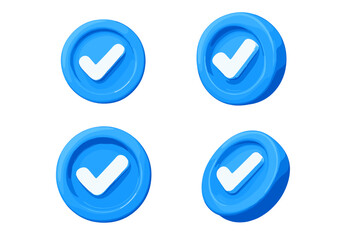 3d social media checkmark verify illustration set. Blue tick verified badge icon for social network profile. Approved symbol for account validation. Realistic vector render.
