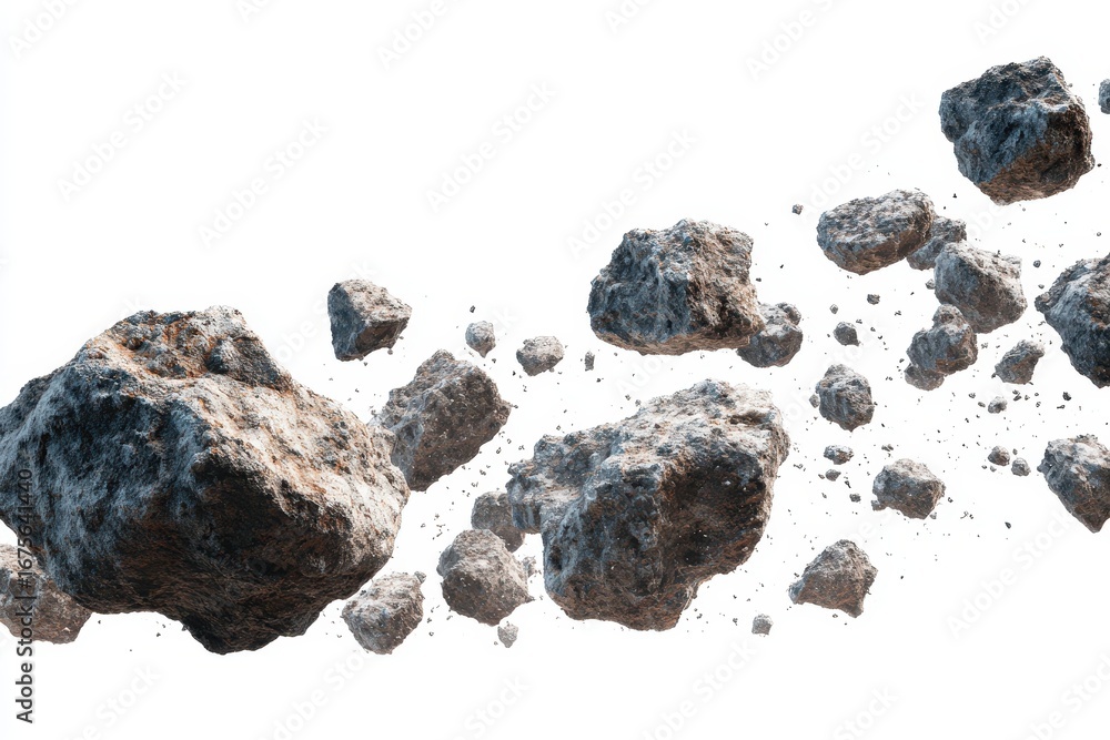 Poster swarm of asteroids floating in isolation on a white background showcasing a striking array of rocky 