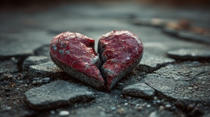 Broken heart sculpture resting on cracked pavement at sunset highlights emotions of love and loss