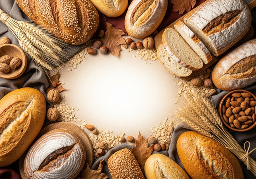 Assorted breads and nuts arranged around a blank space perfect for text or graphic overlays on a table - Powered by Adobe