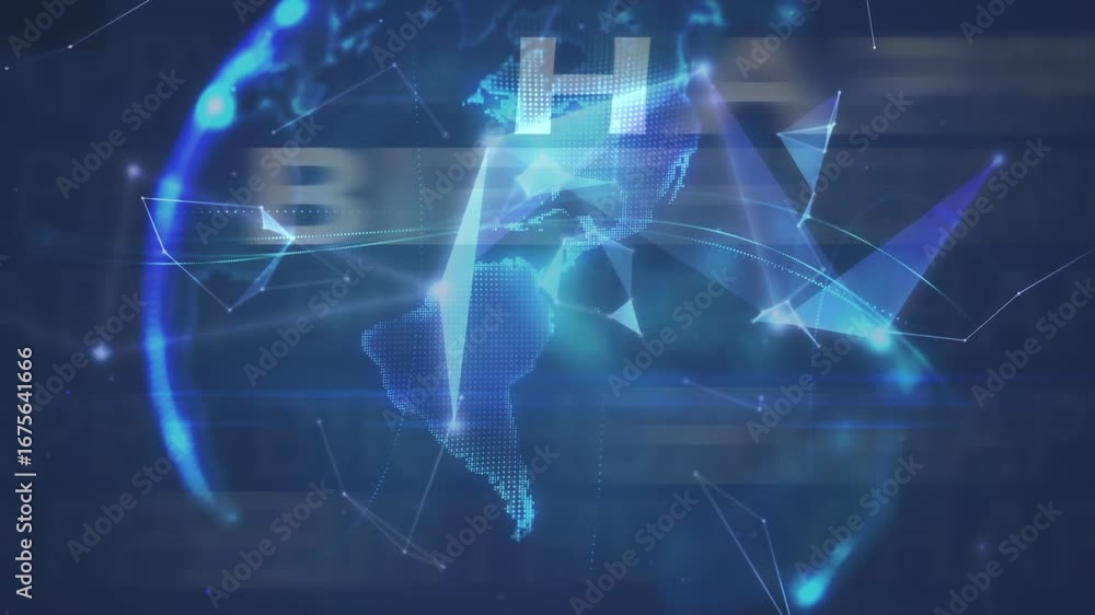 Poster animation of happy birthday text, connected dots with rotating globe on abstract background