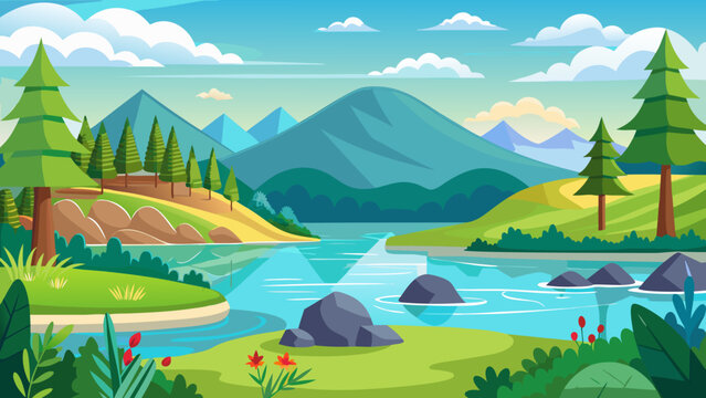 Vector art of picturesque mountain lake landscape featuring a serene lake, lush forest, and majestic mountains under a bright sky with fluffy clouds in cartoon style