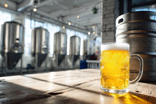 Light-filled brewery interior with a glass of beer