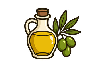 Olive oil bottle with green olive branch cartoon vector illustration, natural organic cooking oil, Mediterranean food ingredient, kitchen and gourmet cooking design