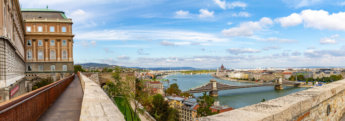 Scenic balcony promenade along Buda Castle walls connecting Virgin Mary Statue and Savoy Terrace,...