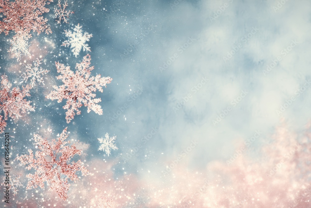 Poster sparkling snowflakes gently falling on a soft pastel background creating a serene winter atmosphere 
