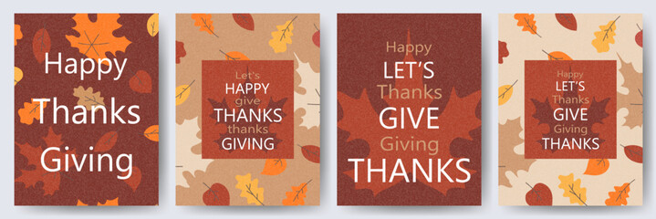 Happy Thanksgiving Day concept of card, cover, invitation set with beautiful bright autumn leaves. Modern Fall season art style design templates for celebration, ads, branding, banner, label, poster.