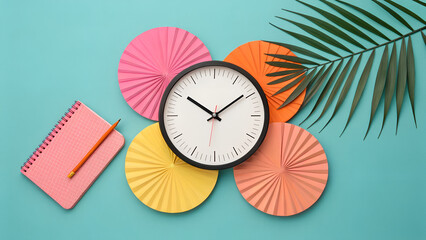 Flatlay Colorful Office Workspace with Clock and Calendar	
