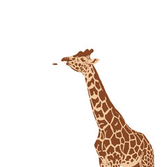 Obraz premium A stylized illustration of a giraffe reaching for leaves against a stark black background.