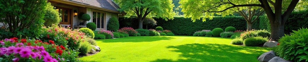 Serene backyard oasis featuring lush green lawn, vibrant flowerbeds, and mature trees providing ample shade Perfect for relaxation and outdoor enjoyment , greenery, landscaping