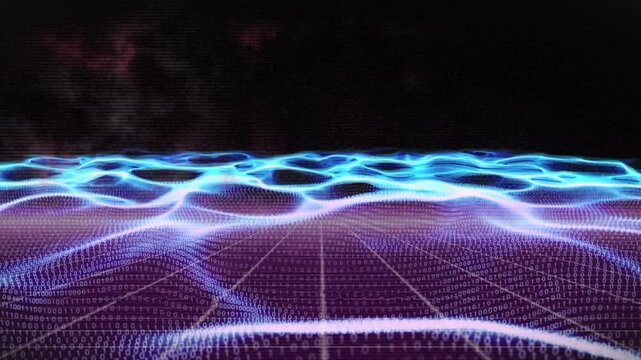 Animation of sea waves over grid pattern against galaxy in background
