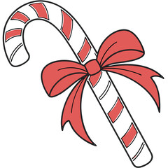 Based on your description: a classic red-and-white striped candy cane with a large red bow tied at the middle, curved hook top, and flowing ribbon tails.