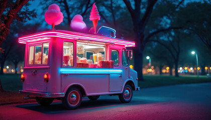 Retro food truck illuminated by vibrant neon lights, serving ice cream, cotton candy at night in park. Vintage vehicle offers sweet desserts under glowing pink, blue illumination, creating festive