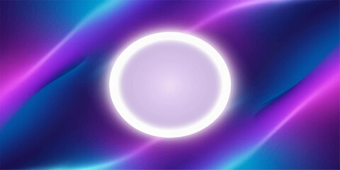 Vibrant blue and purple glowing circles form a digital star backdrop, with bright, shiny waves of light illuminating the abstract design
