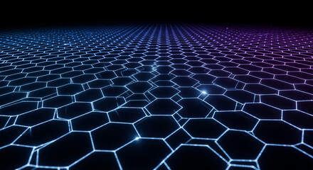 Naklejka premium Futuristic glowing hexagonal grid network pulses with vibrant blue and purple light on dark background
