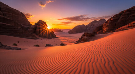 Naklejka premium Stunning desert sunset paints sky with golden rays over rippling sand dunes and majestic rock formations