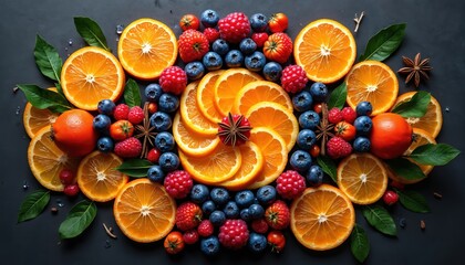Vibrant citrus berries, spices arranged in mandala design on dark background. Features oranges, blueberries, raspberries, star anise, cloves. Top-down view of symmetrical, healthy food composition.