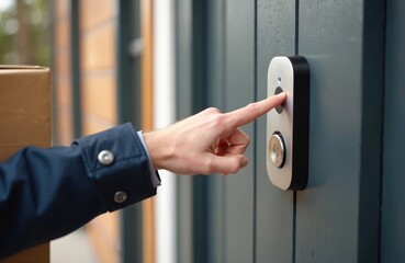 Naklejka premium Person holding package presses doorbell button. Delivery service, mail courier visit. Man waiting at doorstep for shipment arrival. Online shopping order confirmation. Remote access, property