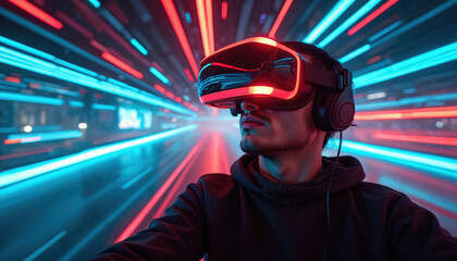 Man uses virtual reality headset for high-speed racing simulation. Futuristic digital environment with neon light streaks creates immersive experience. Futuristic technology drives exciting virtual