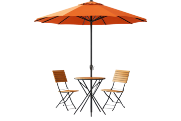 Cafe table set with wooden chairs and an orange parasol umbrella designed for outdoor seating in a bright and inviting setting