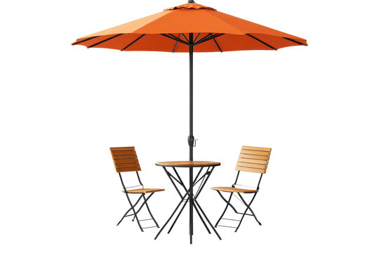 Cafe table set with wooden chairs and an orange parasol umbrella designed for outdoor seating in a bright and inviting setting