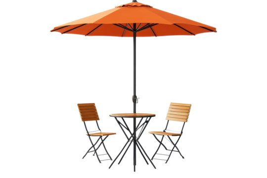 Cafe table set with wooden chairs and an orange parasol umbrella designed for outdoor seating in a bright and inviting setting