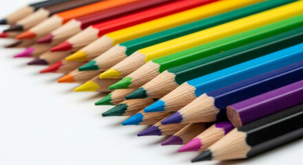 Vibrant collection of sharpened colored pencils arranged diagonally on a clean white background