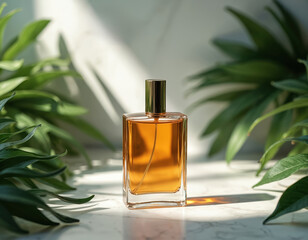 Elegant glass perfume bottle with amber liquid sits on a marble surface. Lush green leaves frame the scene, casting soft shadows. Minimalist design emphasizes natural freshness and luxury fragrance.