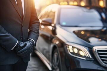 Professional chauffeur standing near luxury vehicle during sunset in urban setting ready to assist clients with transportation needs