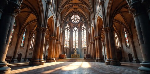 Fototapeta premium Awe-inspiring gothic cathedral, intricate stone carvings, stained glass windows illuminating the nave, soaring arches, religious sanctuary, architectural detail , stone, architecture