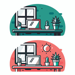 Naklejka premium Desk scenes plant, computer, window in teal and coral