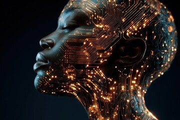 Profile of an African American woman illuminated with glowing circuitry patterns, showcasing a blend of technology and beauty, against a dark backdrop to emphasize her features