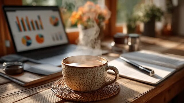 Cozy Coffee and Data Flow: A steaming mug of coffee rests on a woven coaster amidst a serene workspace, with a laptop displaying charts, notebook, and a pen, all bathed in warm morning light.