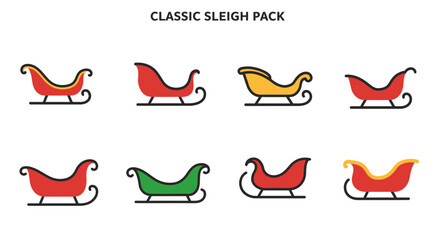 Collection of Colorful Classic Sleighs for Holiday and Winter Designs.