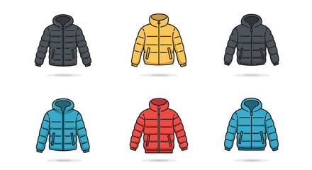 Collection of colorful winter puffer jackets vector illustrations.