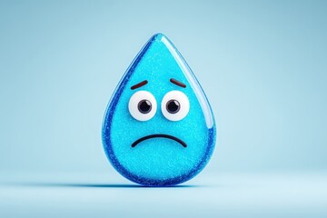 Sad Blue Water Drop Character with Big Eyes and Frown on Light Blue Background