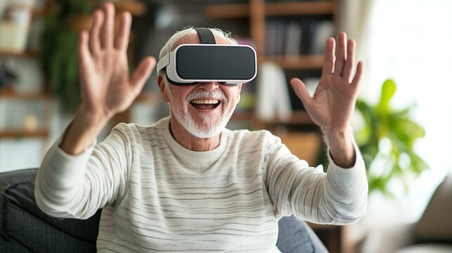 Senior Man Wearing VR Glasses To Experience Virtual Reality - Material For Scene Of Technology Integrating With Elderly Life