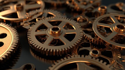 Abstract composition of interlocking metallic gears representing business efficiency for corporate presentations, tech concepts, or industrial design.