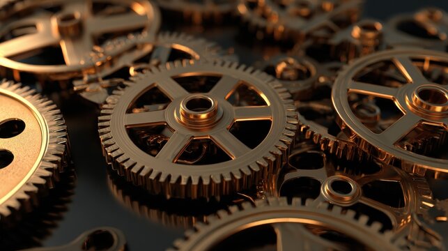 Abstract composition of interlocking metallic gears representing business efficiency for corporate presentations, tech concepts, or industrial design.