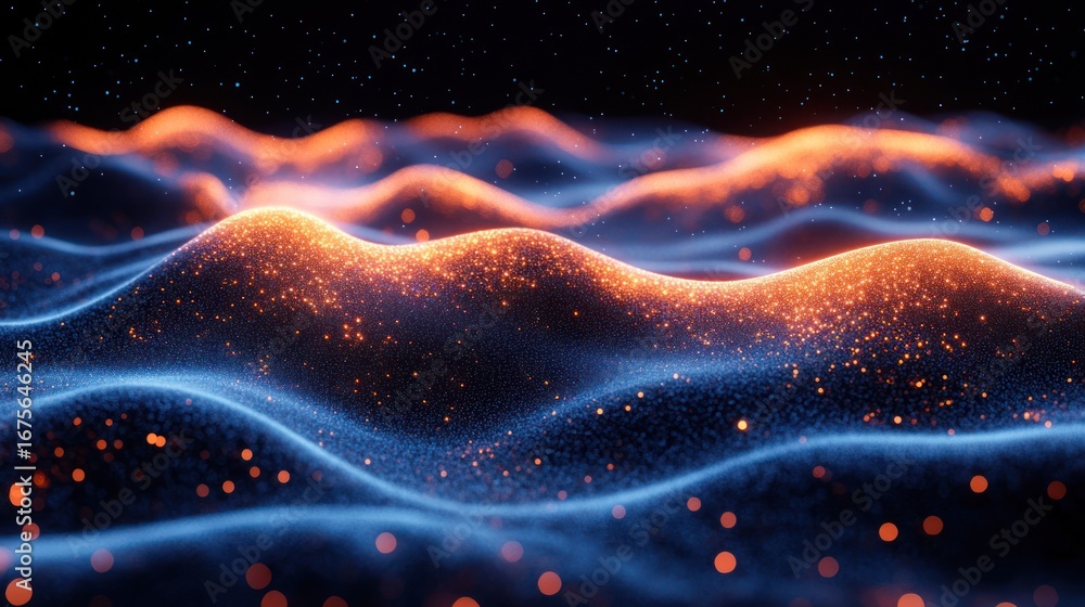 Poster abstract glowing wavy particles background, potential use in technology design or science visuals