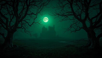 A hauntingly beautiful, misty forest with gnarled trees silhouetted against a glowing green moon, spooky halloween wallpaper background.