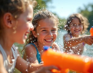 Three kids laugh and play in a sunny backyard water gun fight. Splashing water, pure joy, and friendship define this summer activity. Children enjoy playful, exciting outdoor fun and bonding.