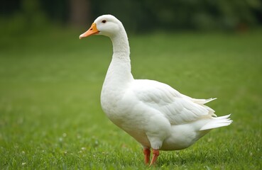 Obraz premium Plump white Pekin duck stands on rich green grass, orange beak, feet contrasting with pure white plumage. Domestic fowl, familiar farm animal, soft downy feathers, gentle demeanor, perfect for farm