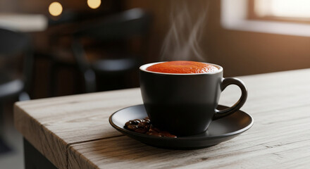 Fototapeta premium Savor the rich aroma of a steaming hot coffee in a stylish black cup on a rustic wooden table.