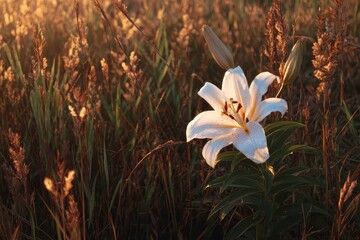 Obraz premium White lily blooms in a golden hour field surrounded by tall grasses and warm sunlight creating a serene natural atmosphere