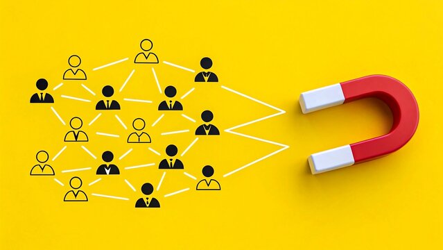 Red magnet attracting people icons on yellow background symbolizing customer acquisition and social media marketing
