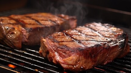 Overhead view of perfectly grilled porterhouse steaks on hot coals, smoke rising in wisps, lightly charred fat and browned crust, room for menu title on black space, full frame,
